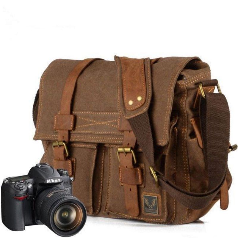 Bolsa Lona Em Pele Para Câmara Fotográfica Mensageiro Vintage