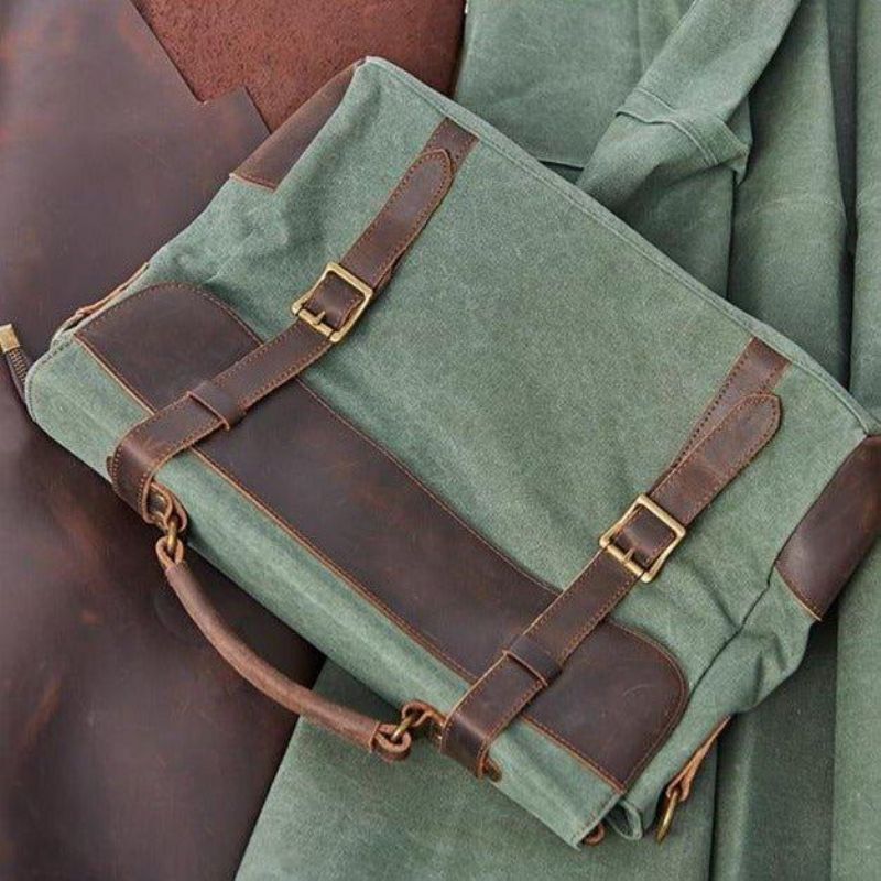 Bolsa Mensageiro Couro Genuíno Lona Vintage