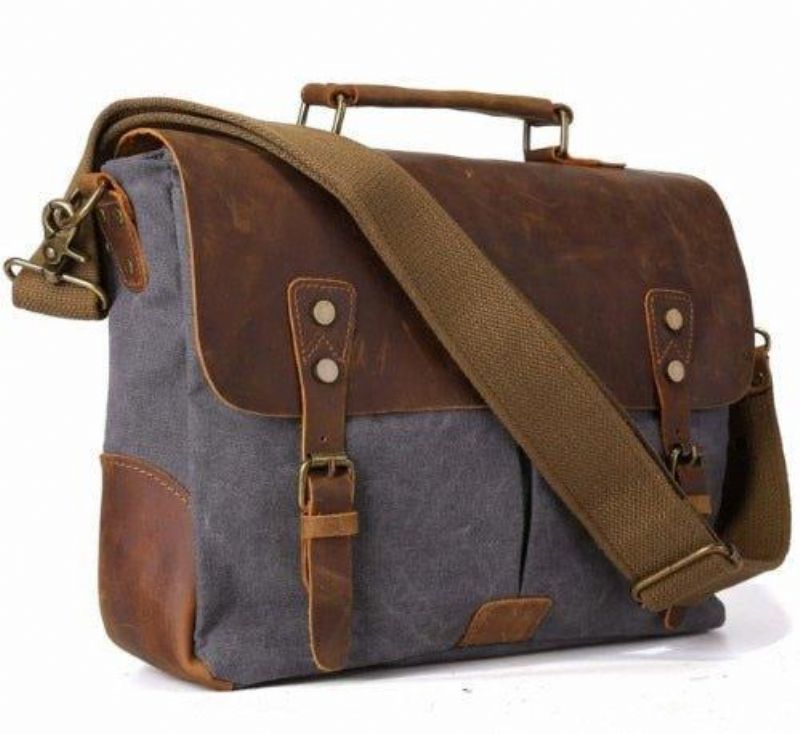 Bolsa Mensageiro Satchel Couro Lona Vintage