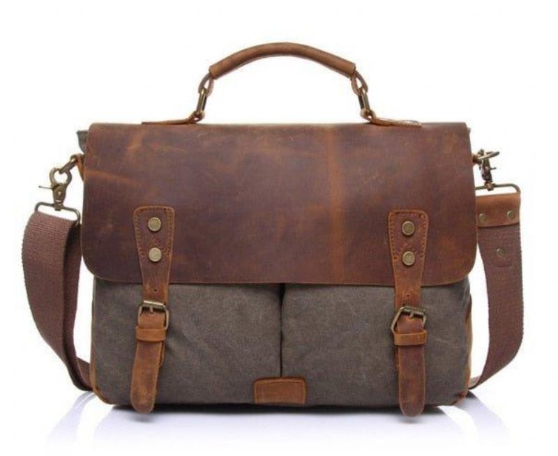 Bolsa Mensageiro Satchel Couro Lona Vintage