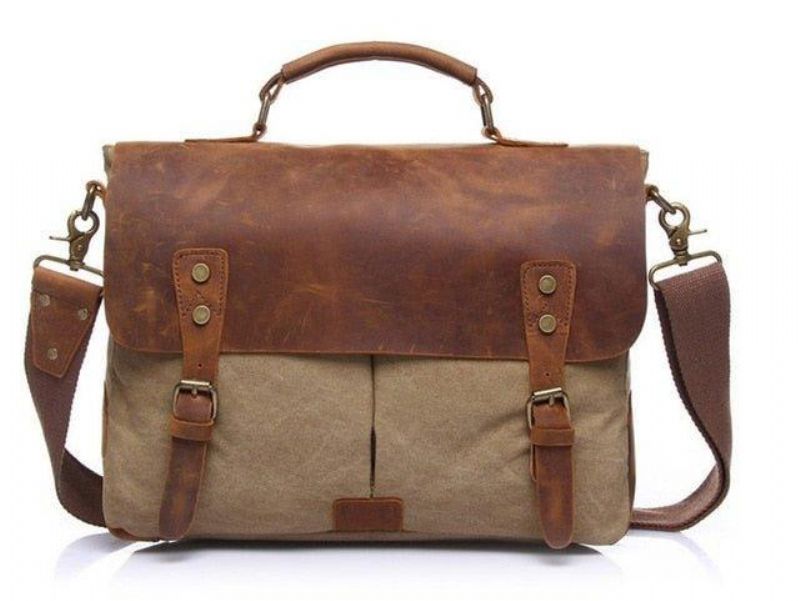 Bolsa Mensageiro Satchel Couro Lona Vintage