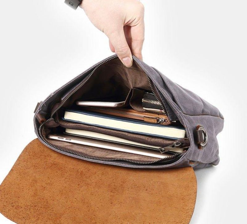 Bolsa Mensageiro Vintage Em Pele E Lona Para Homem Ipad