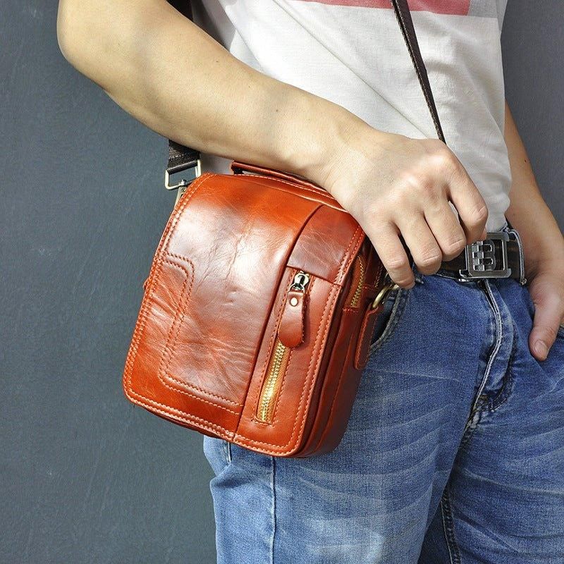 Bolsa Mensageiro Vintage Em Pele Vermelho-castanho Para Homem