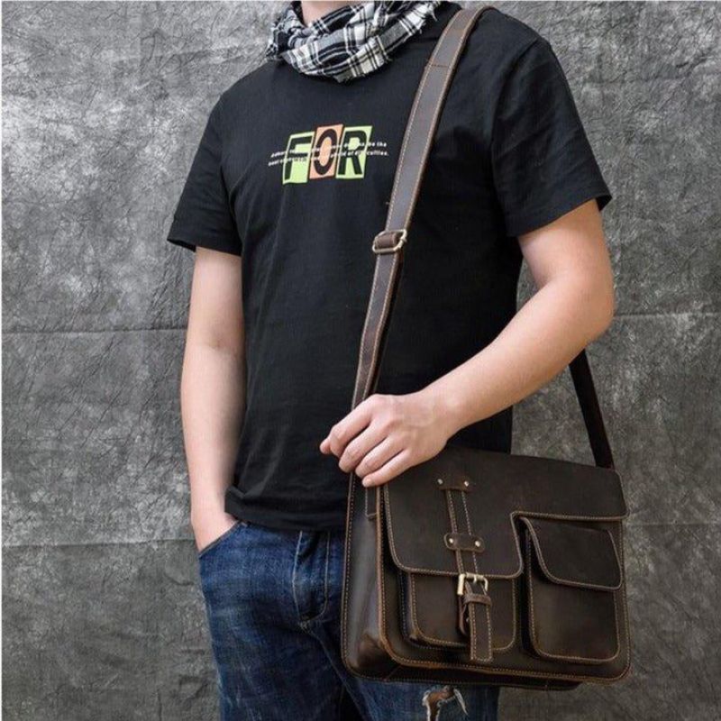 Bolsa Mensageiro Vintage Para Homem Em Couro Italiano