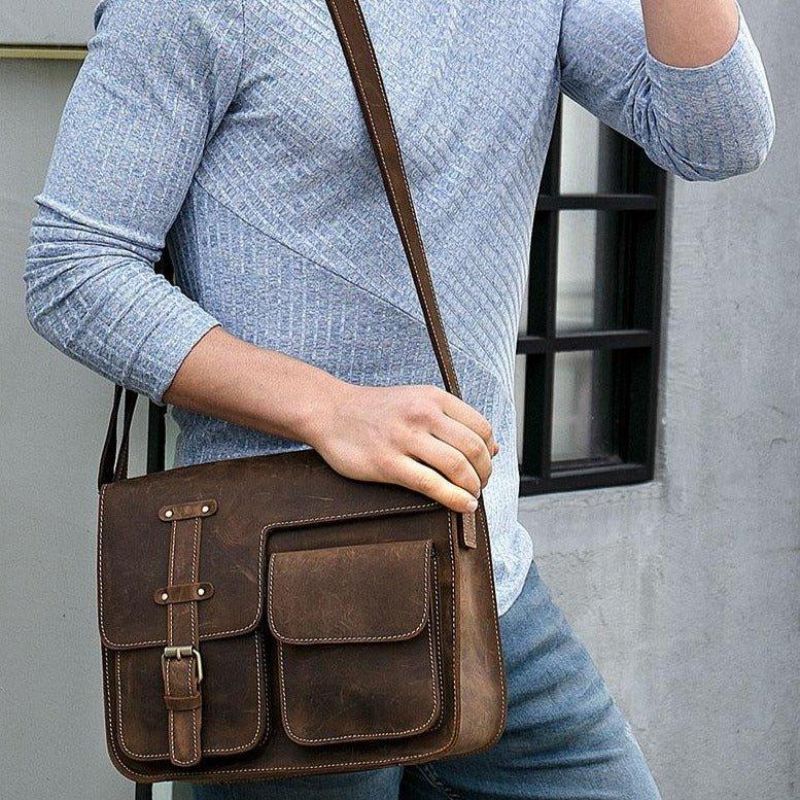 Bolsa Mensageiro Vintage Para Homem Em Couro Italiano