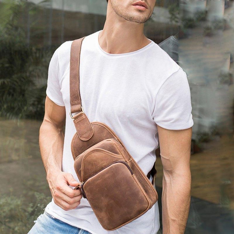 Bolsa Tipo Estilingue Em Pele Genuína Para Homem