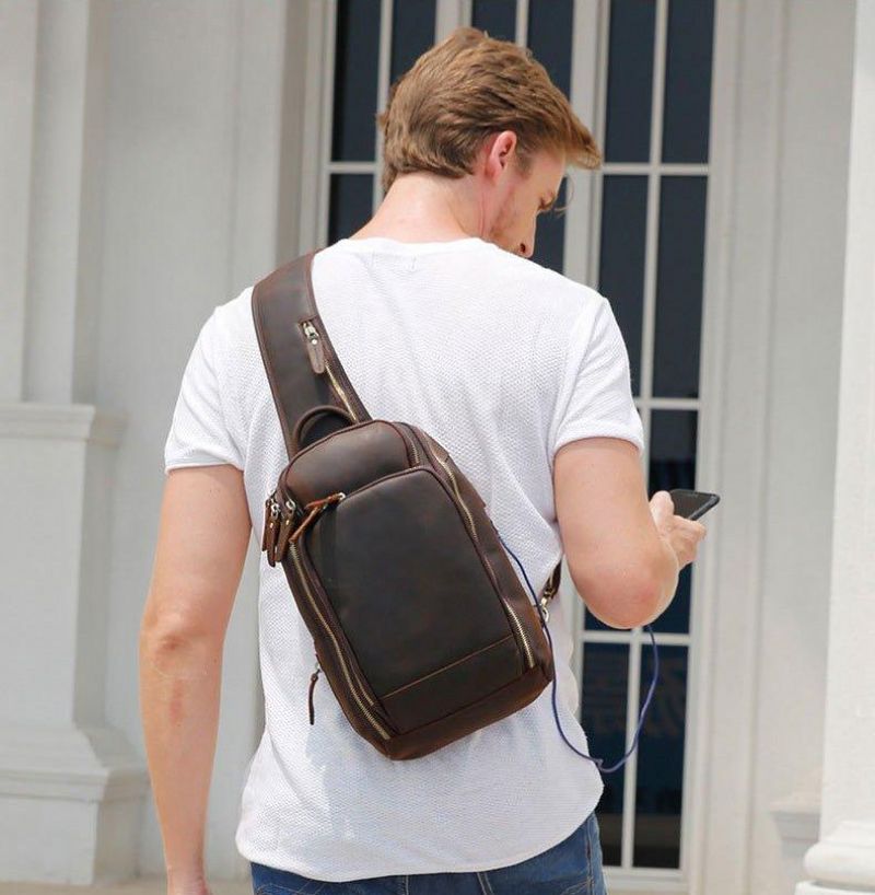 Bolsa Tipo Estilingue Vintage Para Homem Em Couro