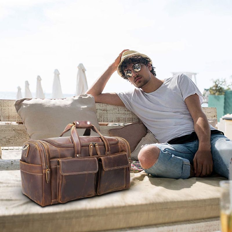 Bolsa Viagem Para Homem Em Pele Com Bolsos Zíper