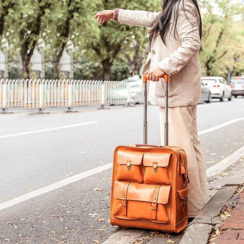 Mala Viagem Vintage Em Pele Com Rodas 22 Polegadas