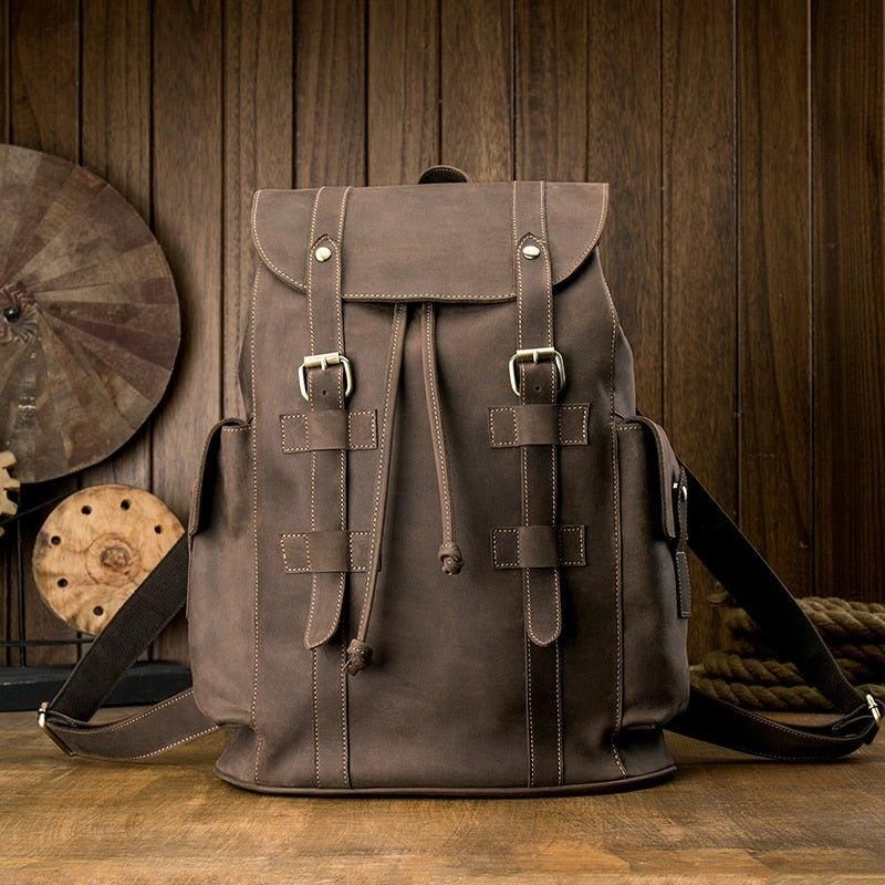 Mochila Couro Vintage Para Homem Com Cordão Viagem