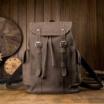 Mochila Couro Vintage Para Homem Com Cordão Viagem