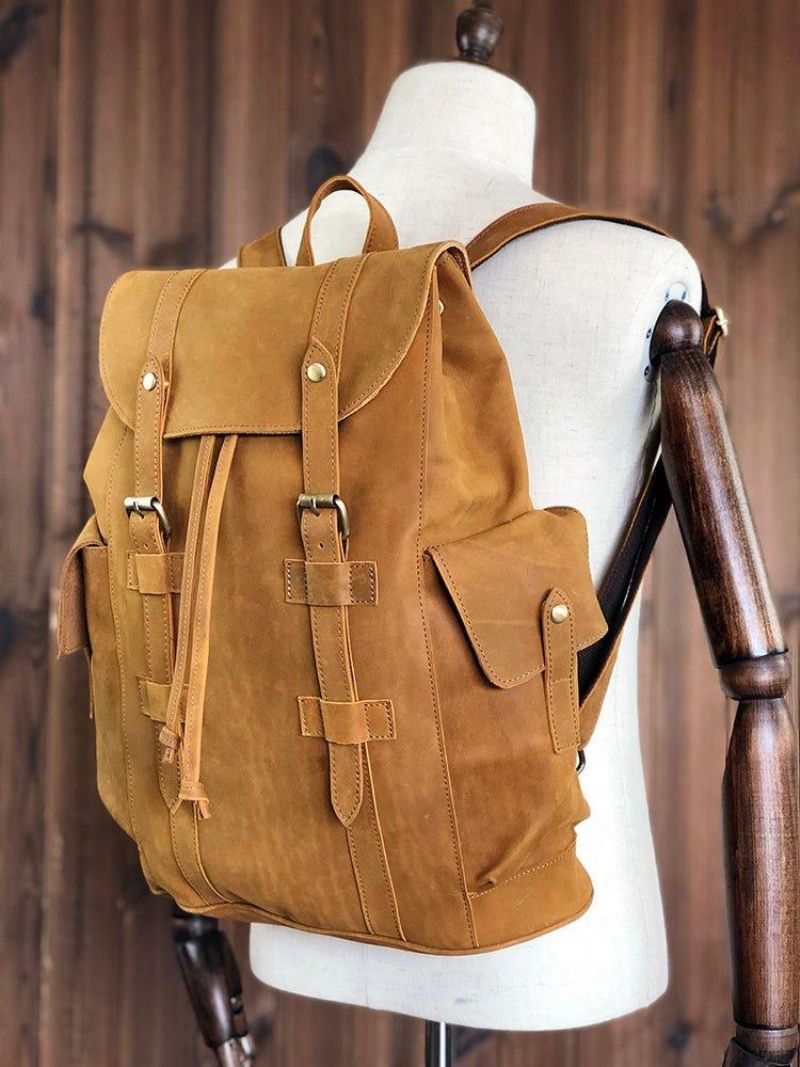 Mochila Couro Vintage Para Homem Com Cordão Viagem