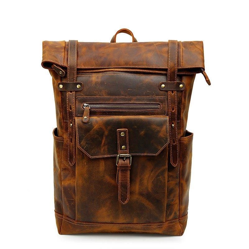 Mochila Homem Em Pele Vintage Roll Top Com Bolso Frontal