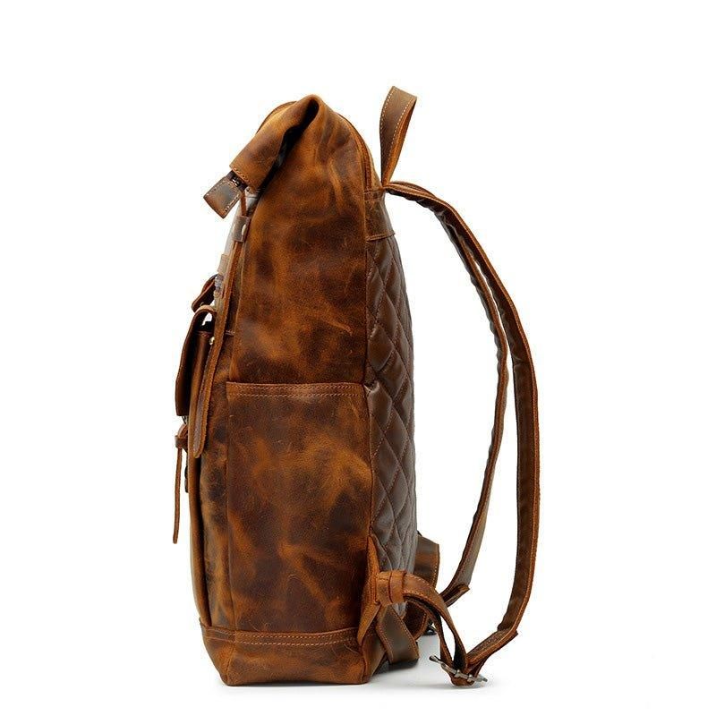 Mochila Homem Em Pele Vintage Roll Top Com Bolso Frontal