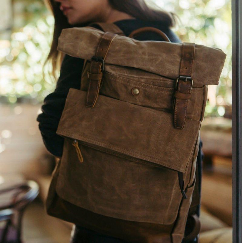 Mochila Lona Encerada Vintage Em Rolo Para Viagem