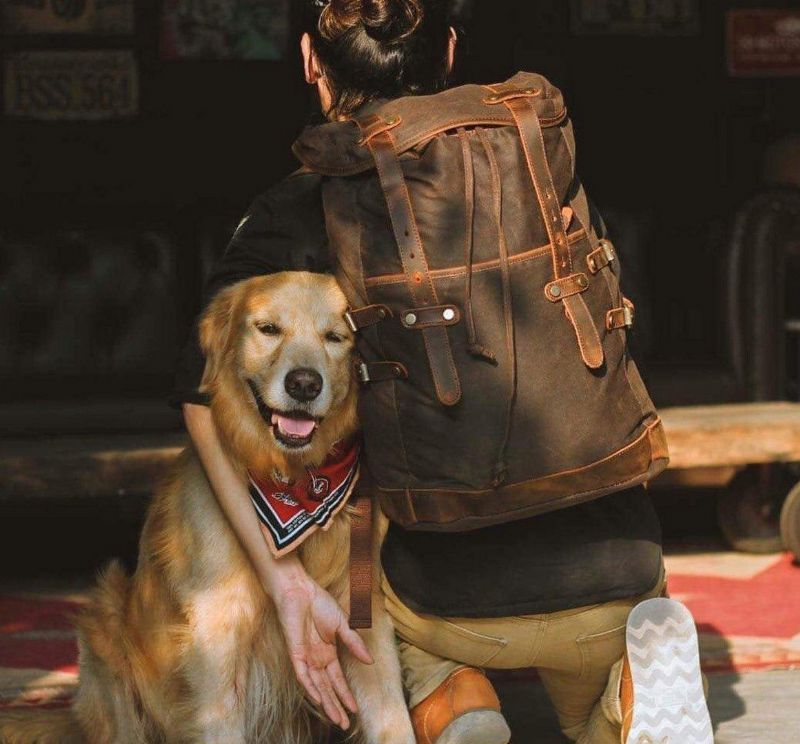 Mochila Lona Encerada Vintage Para Homem Em Couro