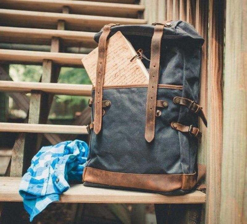 Mochila Lona Encerada Vintage Para Homem Em Couro