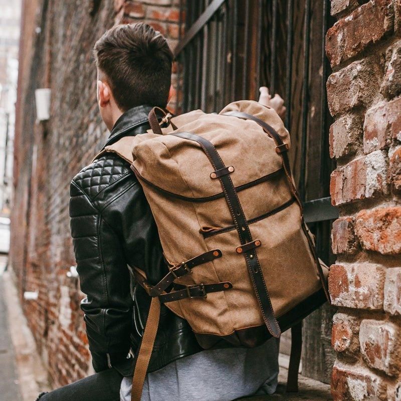 Mochila Lona Encerada Vintage Para Homem Em Couro