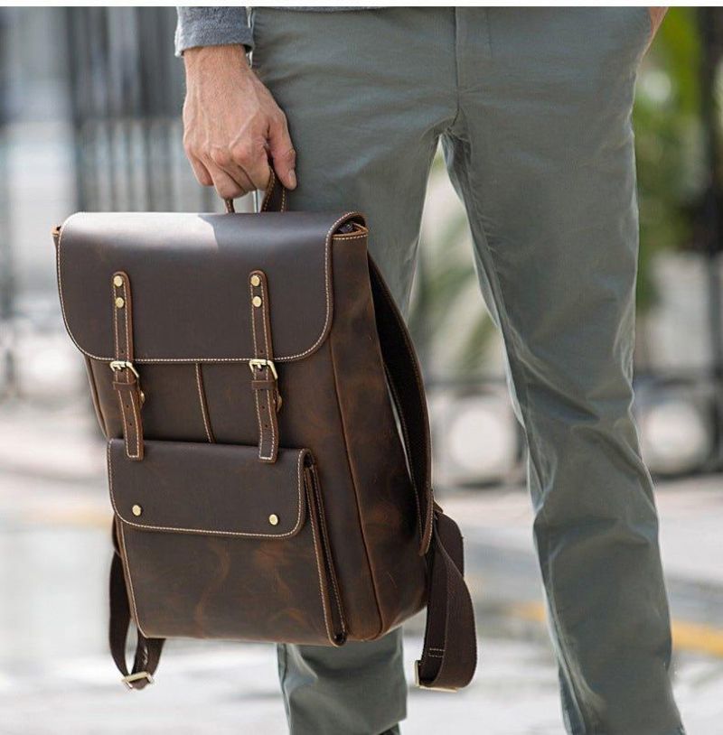 Mochila Universitária Vintage Em Pele Genuína Para Viagem