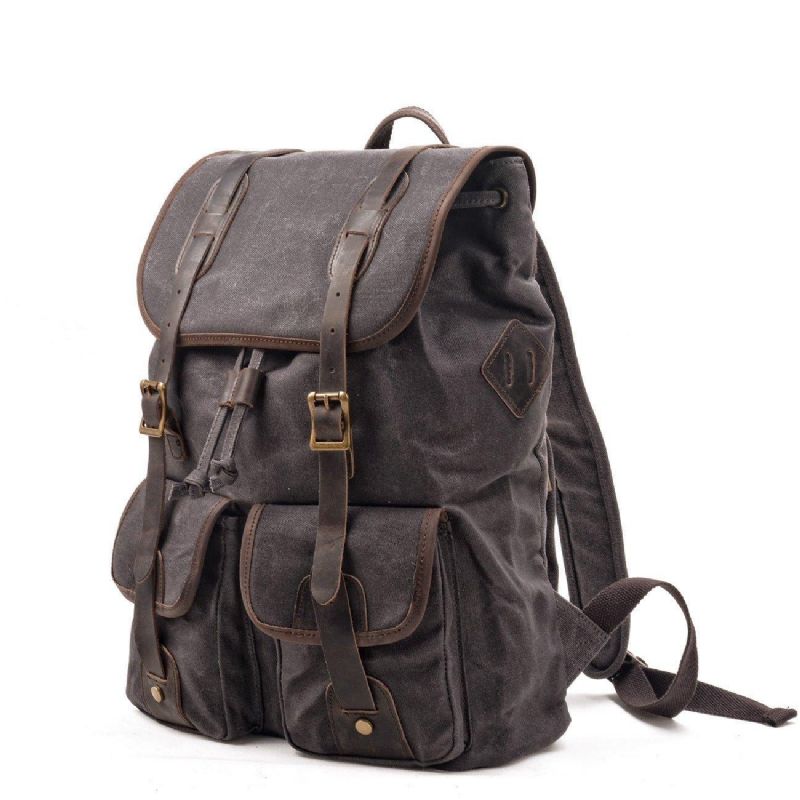 Mochila Vintage Em Lona Encerada Com Bolsos Frontais