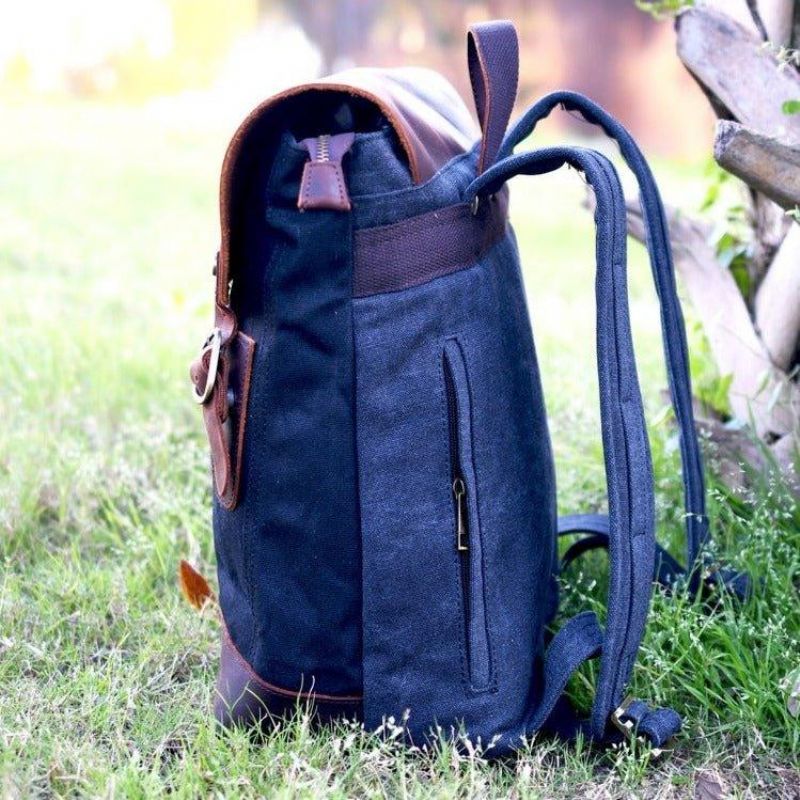 Mochila Vintage Em Pele E Lona Para Homem