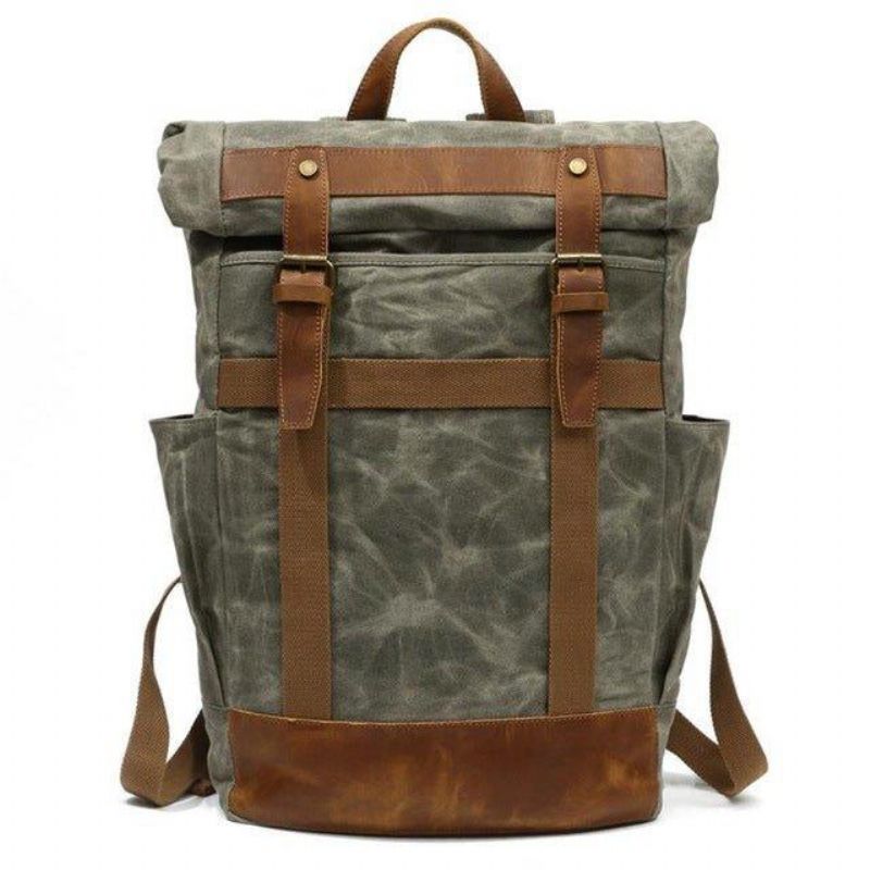 Mochila Vintage Para Homem Em Lona Encerada Com Bolsos Laterais