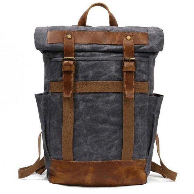 Mochila Vintage Para Homem Em Lona Encerada Com Bolsos Laterais