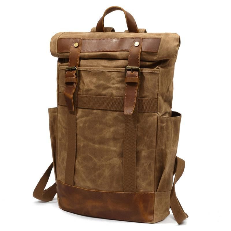 Mochila Vintage Para Homem Em Lona Encerada Com Bolsos Laterais