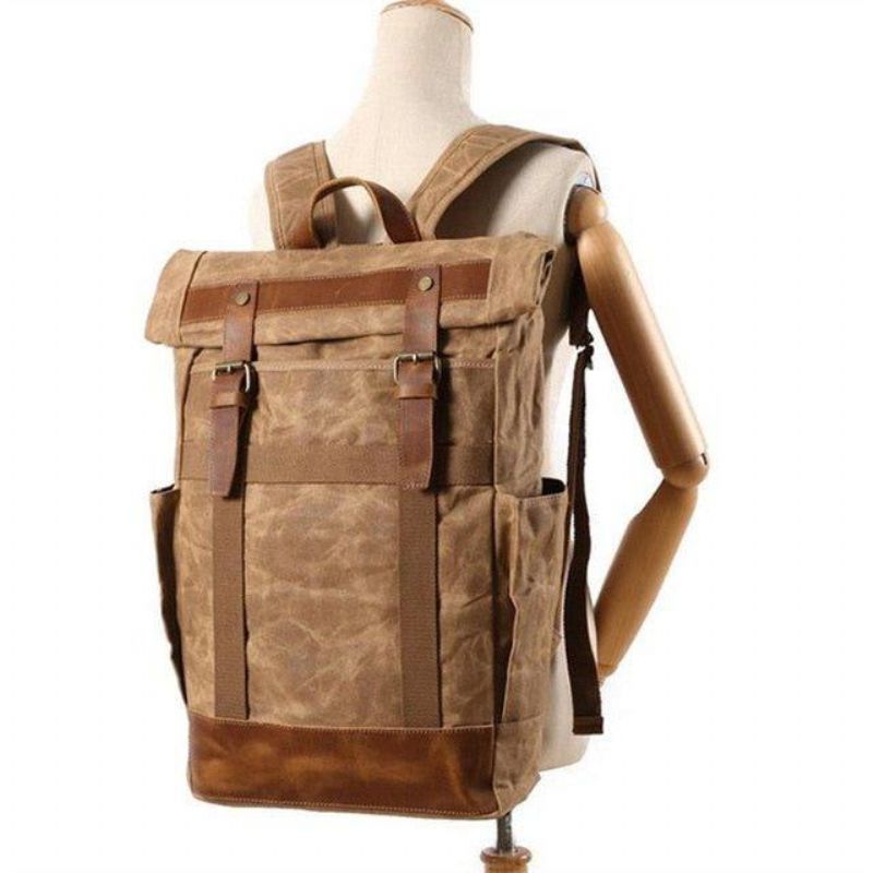 Mochila Vintage Para Homem Em Lona Encerada Com Bolsos Laterais