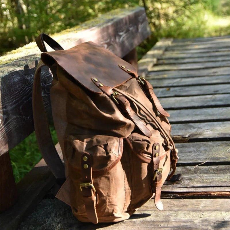 Mochila Vintage Para Homem Lona Encerada E Couro