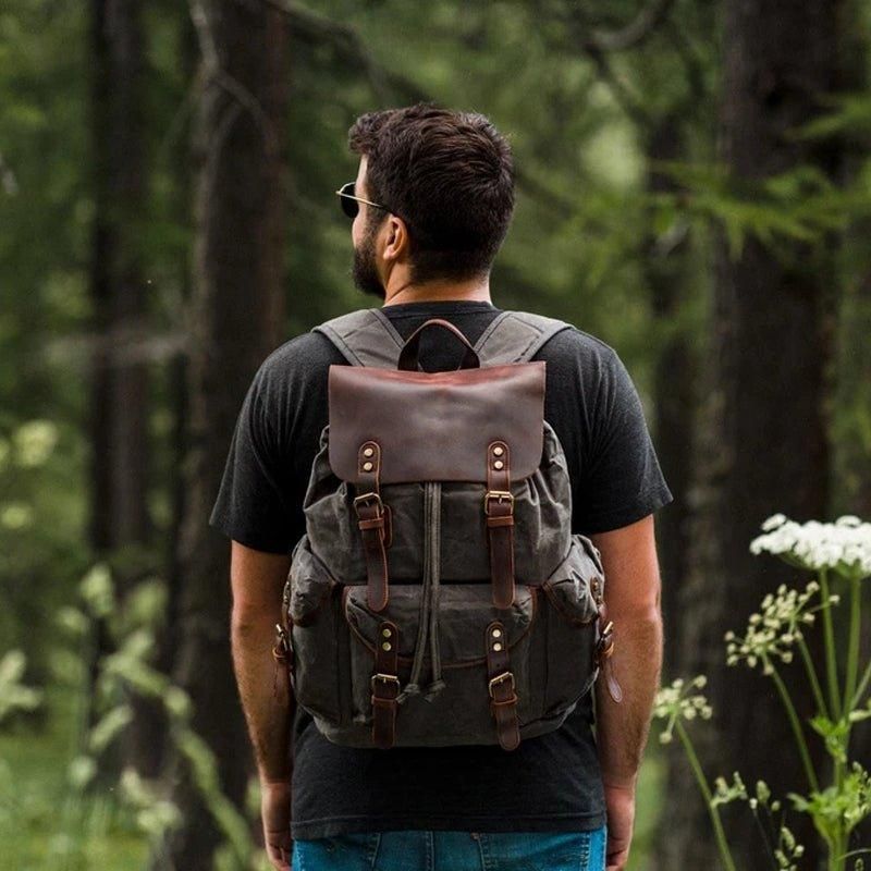 Mochila Vintage Para Homem Lona Encerada E Couro