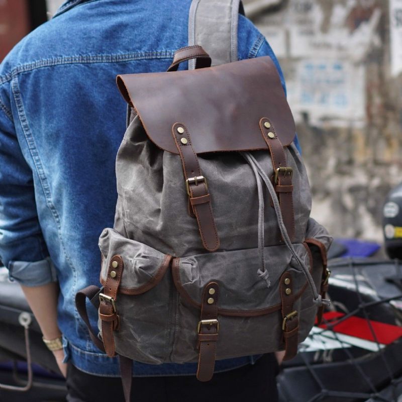 Mochila Vintage Para Homem Lona Encerada E Couro