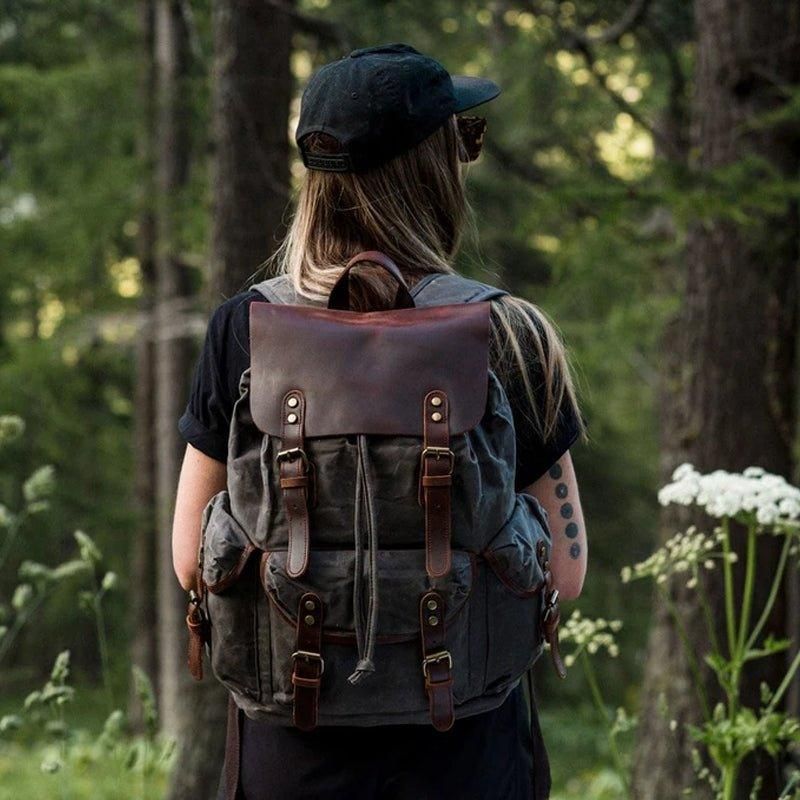 Mochila Vintage Para Homem Lona Encerada E Couro