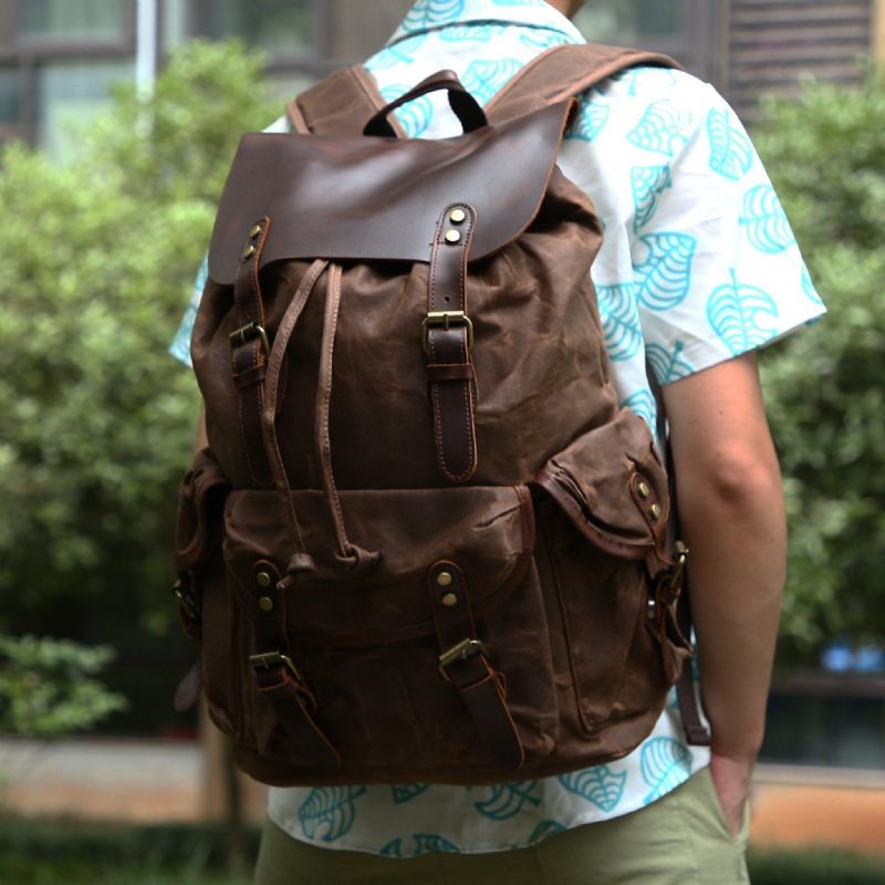 Mochila Vintage Para Homem Lona Encerada E Couro