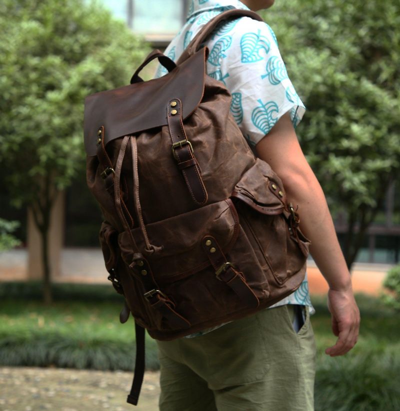 Mochila Vintage Para Homem Lona Encerada E Couro