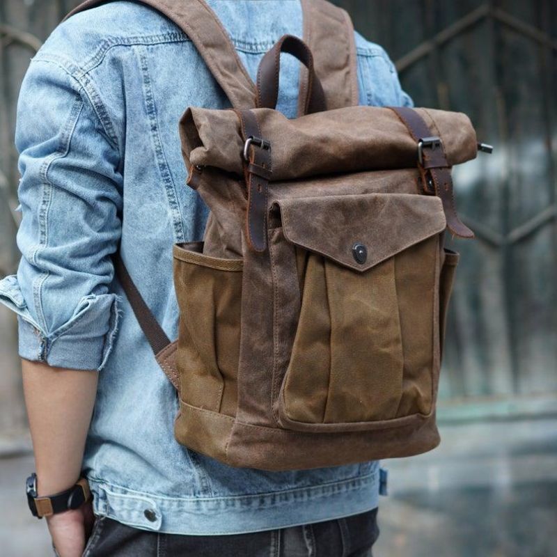 Vintage Roll Top Canvas Mochila Viagem Homens Mulheres